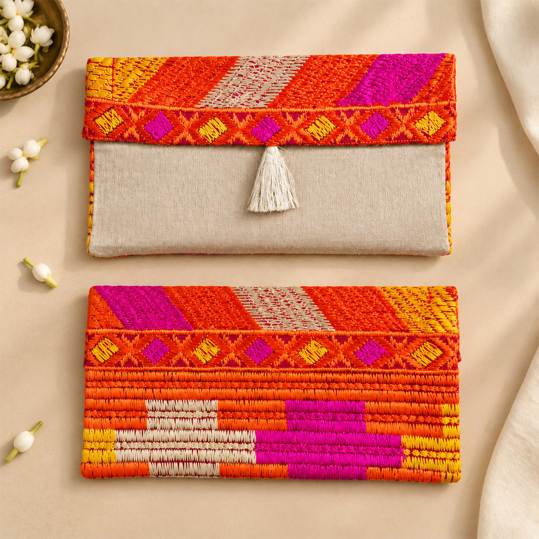 "Phulkari" Hand Embroidered Fabric Gift Envelope With Tissue Lining And Button Closure For Festive Gifting