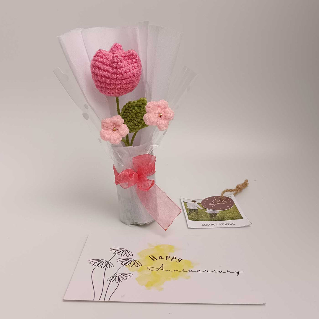 Handmade Crochet Pink Tulip Mini Flower Bouquet | Includes Photo & Greeting Card