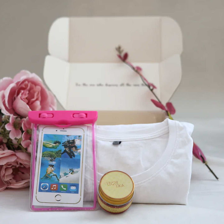 Ultimate Holi Essential Box | Includes 1 Waterproof Phone Pouch, 1 Classic White T-Shirt, 1 Chandan Tika, 1 All Things Nice Gift Box