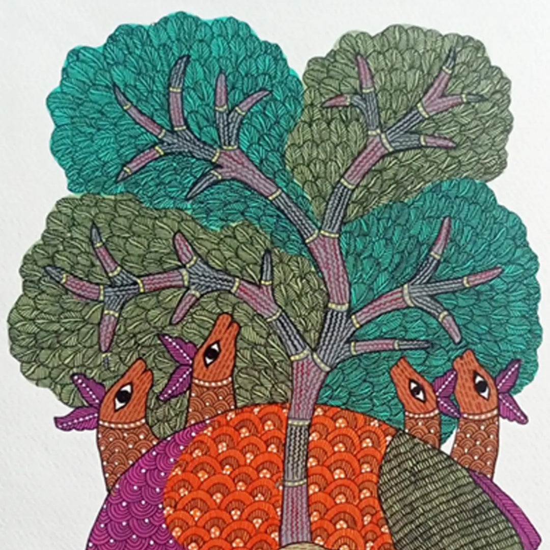 11 x 16 Inch | Deer & Tree of Life | Original Hand Painted Tribal Gond Art Painting | Acrylic Paint On Paper