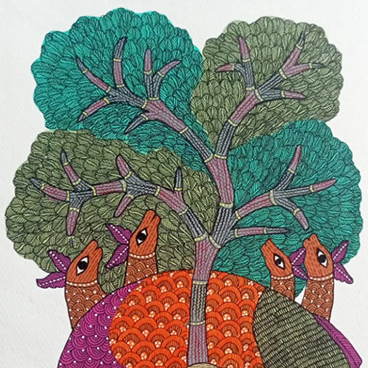 11 x 16 Inch | Deer & Tree of Life | Original Hand Painted Tribal Gond Art Painting | Acrylic Paint On Paper