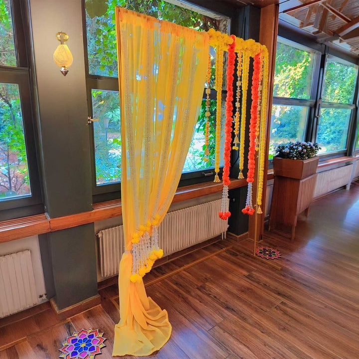Reusable Yellow Georgette Backdrop Drape, Ready-to-Hang For Haldi & Pooja Decor