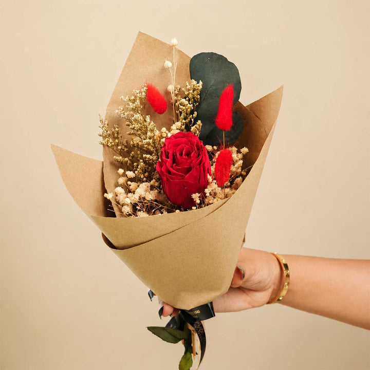 Ruby Romance Real Red Rose With Dried Flower Bouquet