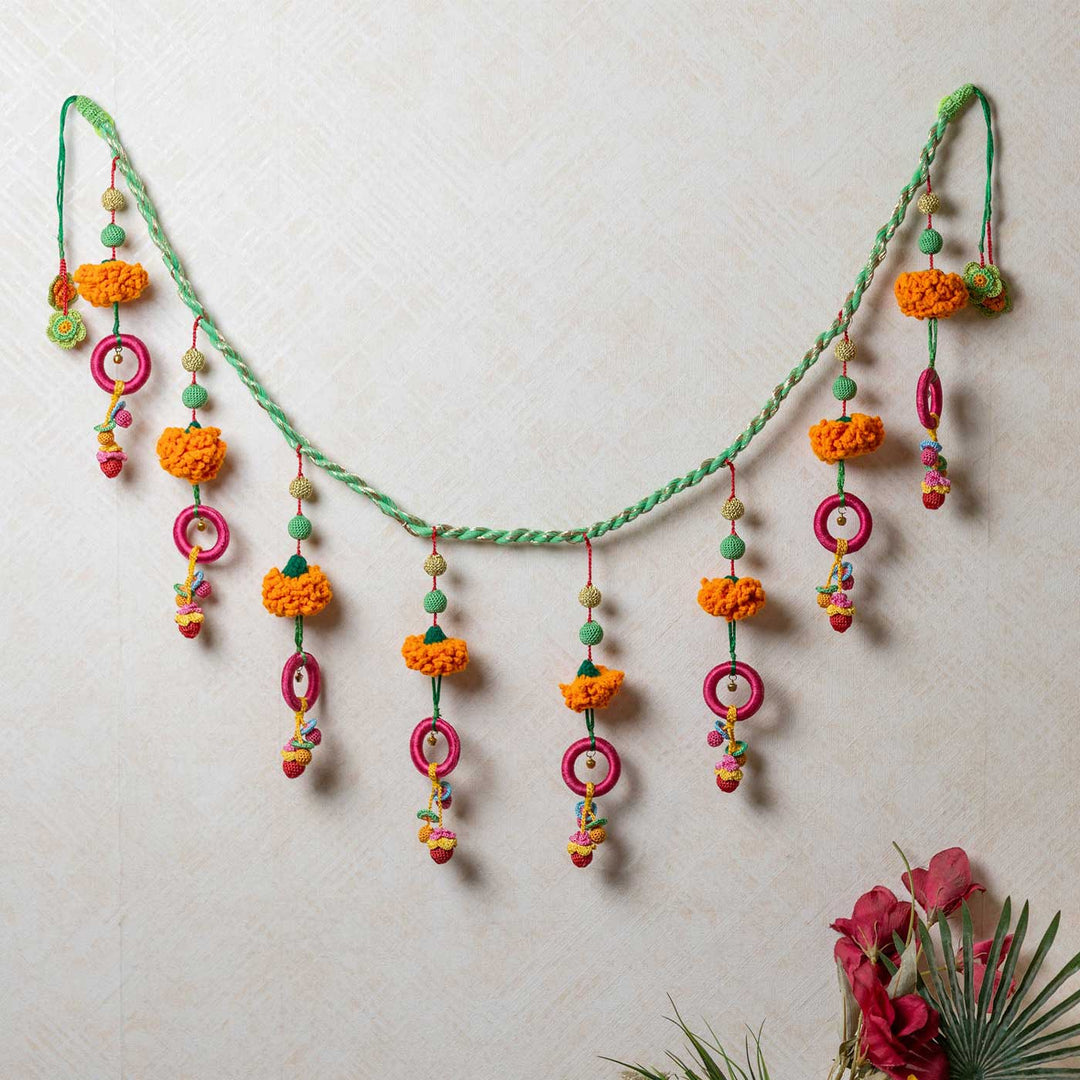 49 Inch | Intricate Realistic Crochet Marigold Pink Rings Design Cotton Toran