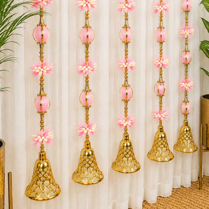 Handcrafted Pink, White & Gold Tassels & Gold Bead Door Hangings For Festive Decor