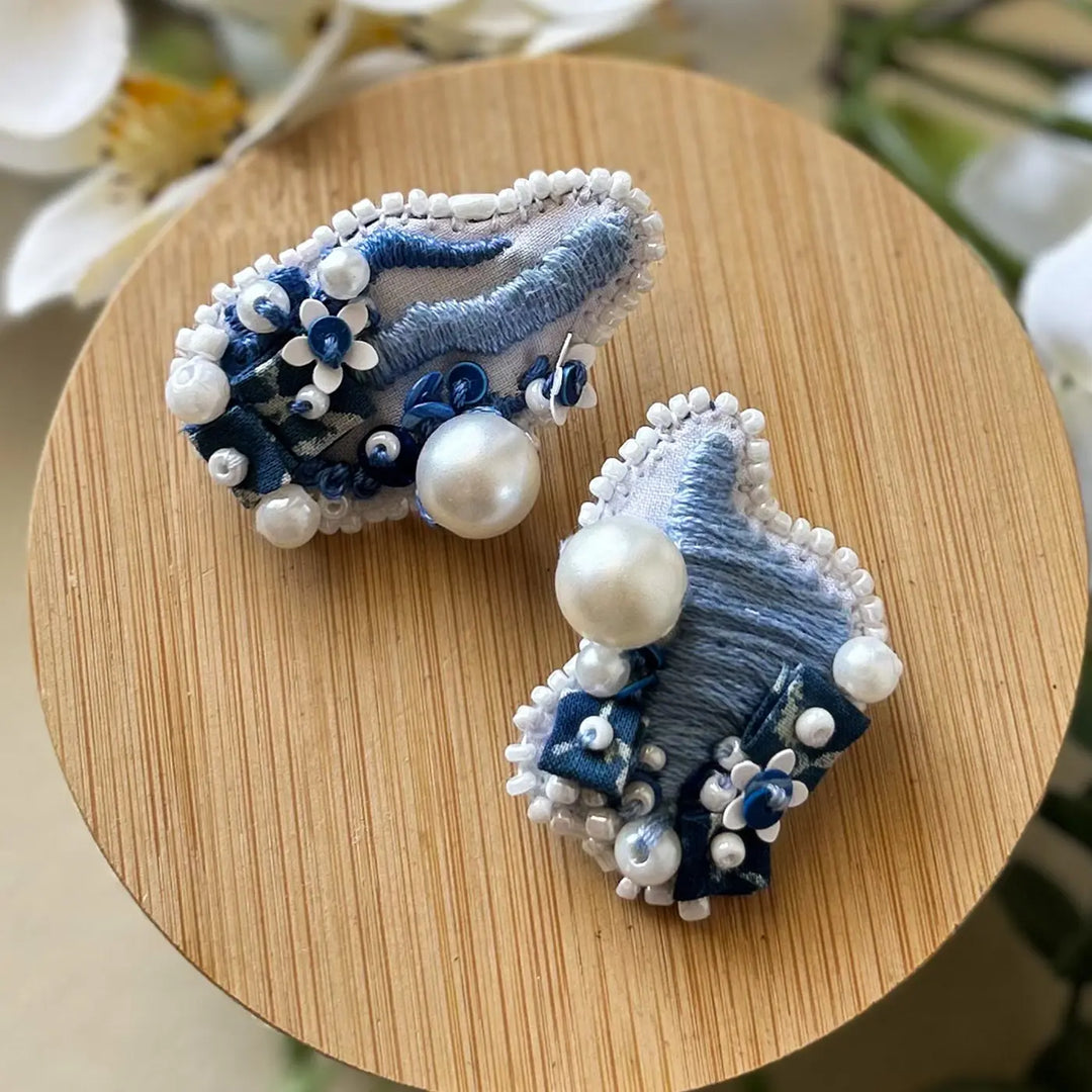 Hand Embroidered Beaded Blue Marine Inspiration Cotton Earrings
