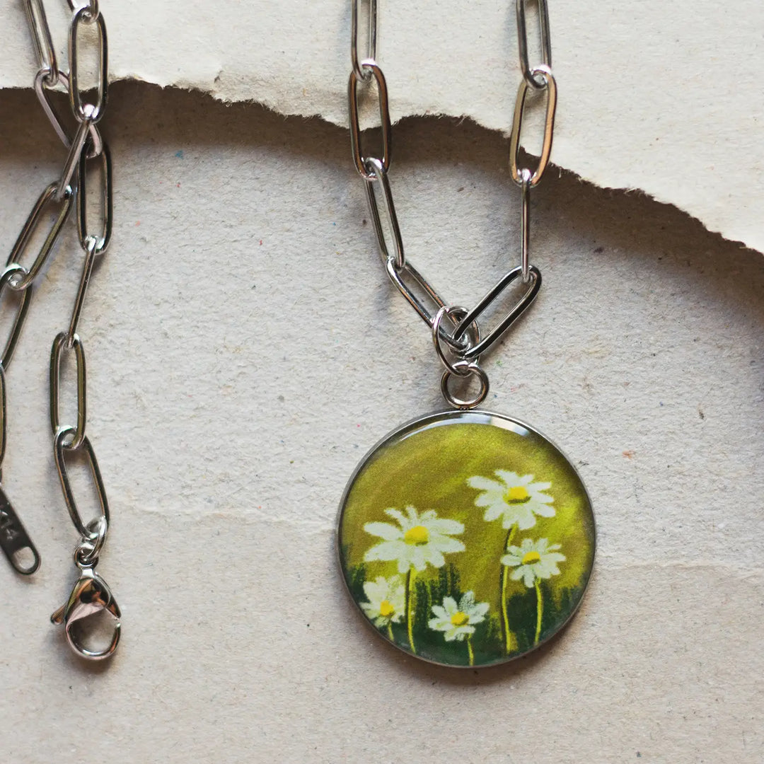Illustrated Daisies Flower Design Resin & Stainless Steel Necklace