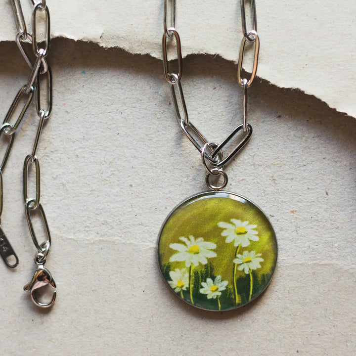 Illustrated Daisies Flower Design Resin & Stainless Steel Necklace