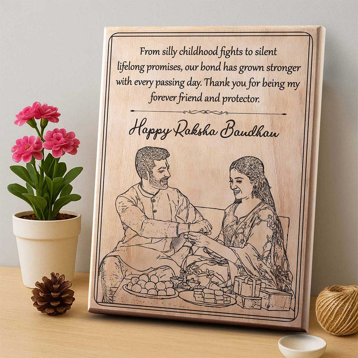 Photo Personalized Engraved Raksha Bandhan Theme Square Wooden Decorative Plaque Rakhi Hamper Includes 1 Rakhi 1 Plaque 1 Chocolate 1 Card And 1 Rakhi Plate - Plaque Leaning Against Wall