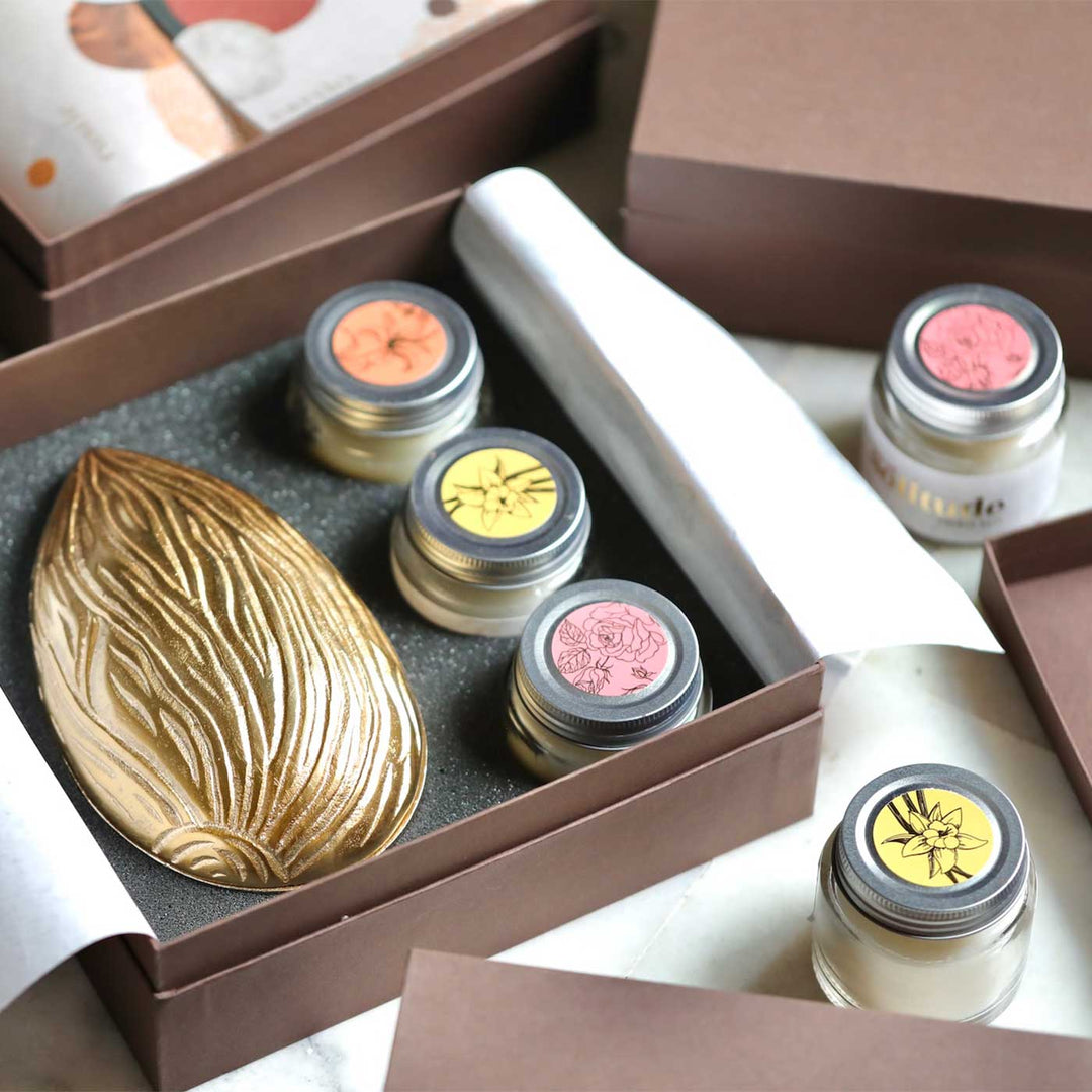 Handmade Charming Metal & Glass Gift Hamper | Includes 1 Almond Shape Box, 3 Candles