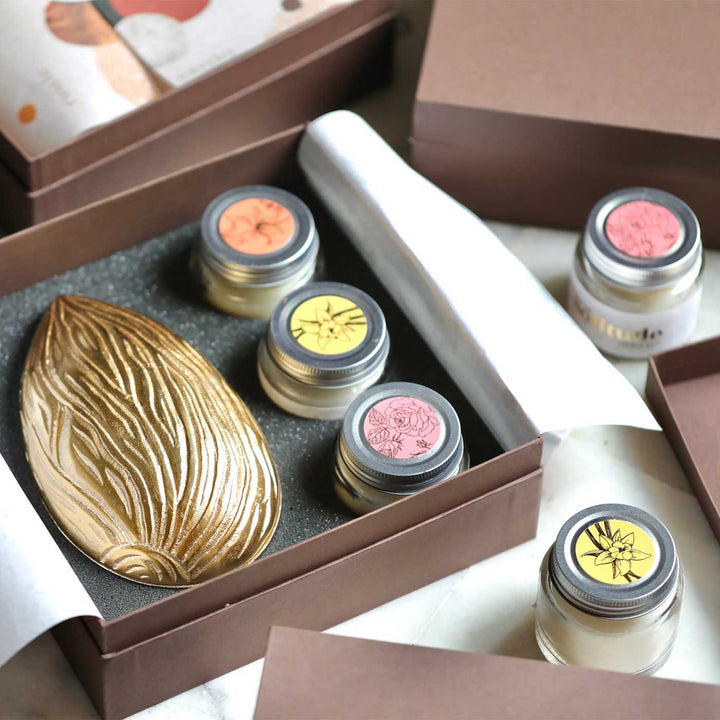 Handmade Charming Metal & Glass Gift Hamper | Includes 1 Almond Shape Box, 3 Candles