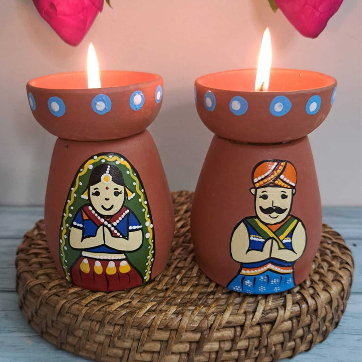 Hand-Painted Rajasthani Culture Theme Terracotta Tealight Holder | Set Of 2
