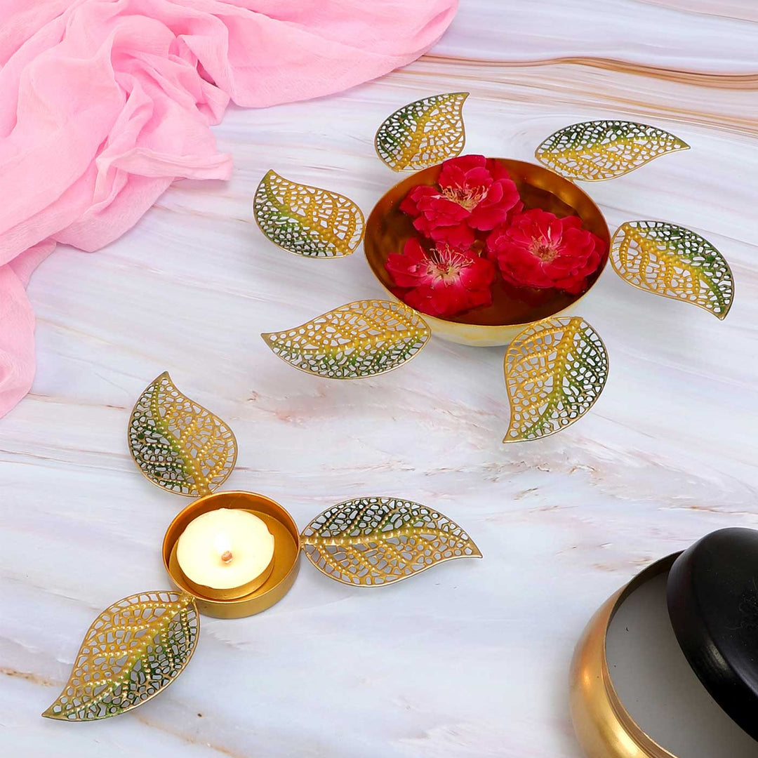 Set of 2 | Handmade Etched Peacock Small Urli With Floral Tealight Holder For Festive Decor