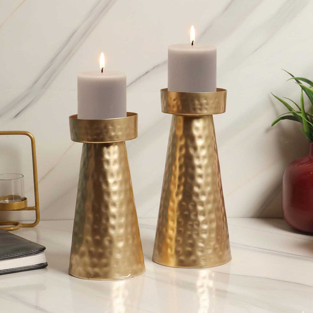Set of 2 | Handmade Gold Hammered Cone Metal Tealight Holders For Festive Decor