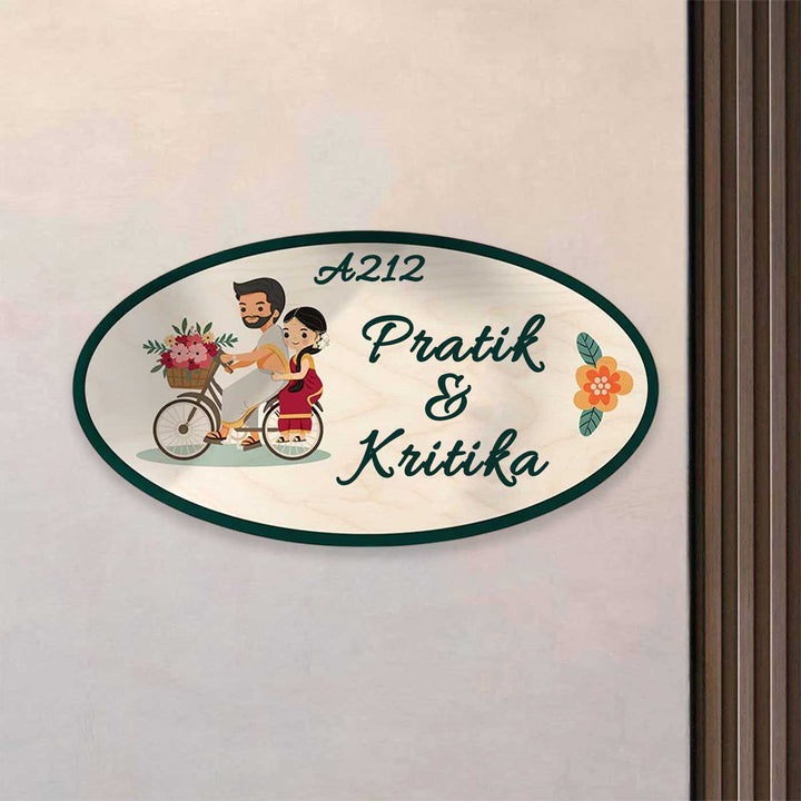 Personalized South Indian Couple Theme Mdf Wood Name Plate