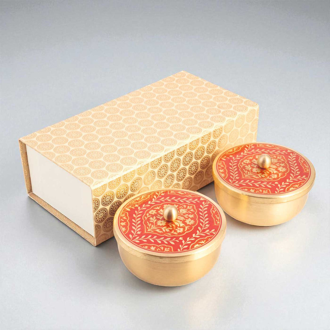 Hand-Painted Sanskaar Brass Gift Hamper | Includes 2 Containers And 1 Gift Box