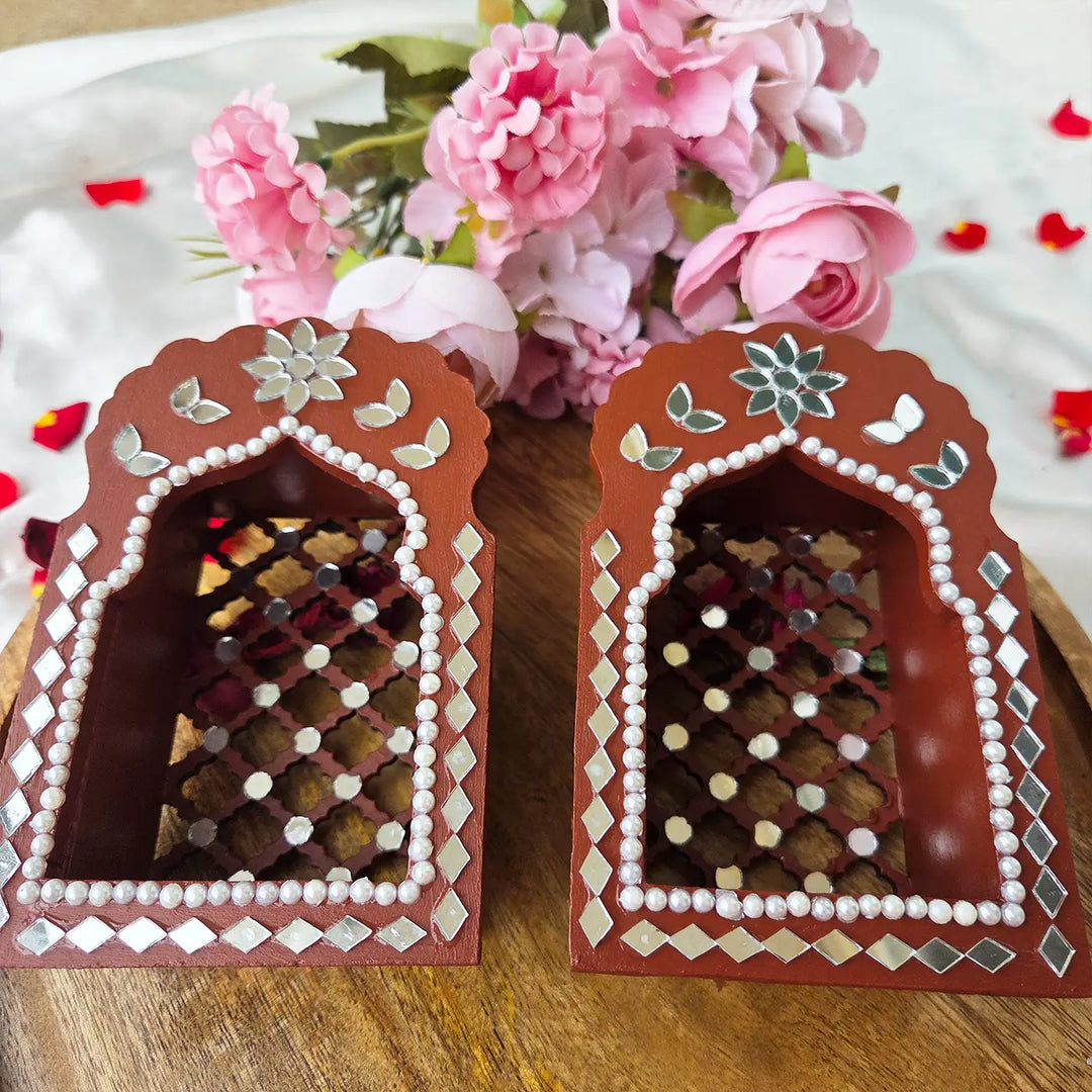 Hand-Painted Mirror Work Morrocon Mini Jharokha Tealight Holder | Set Of 2