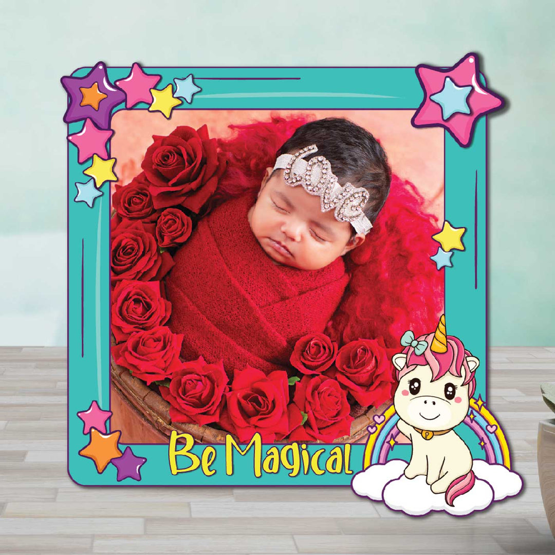 Photo Personalized Pink Unicorn Theme Wooden Fridge Magnet