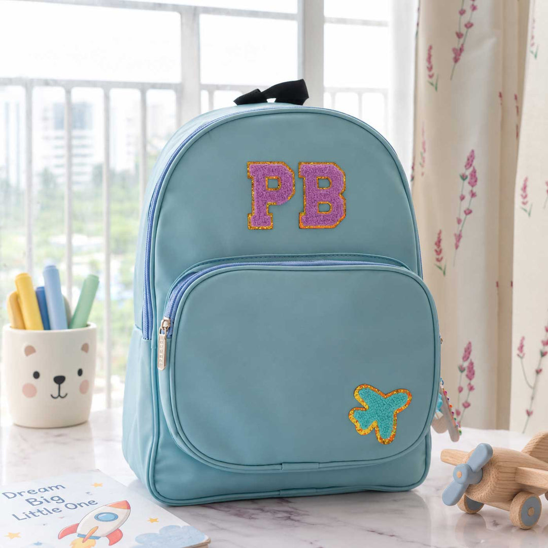 Personalized Blue Faux Leather Backpack With Initial & Charm For Kids