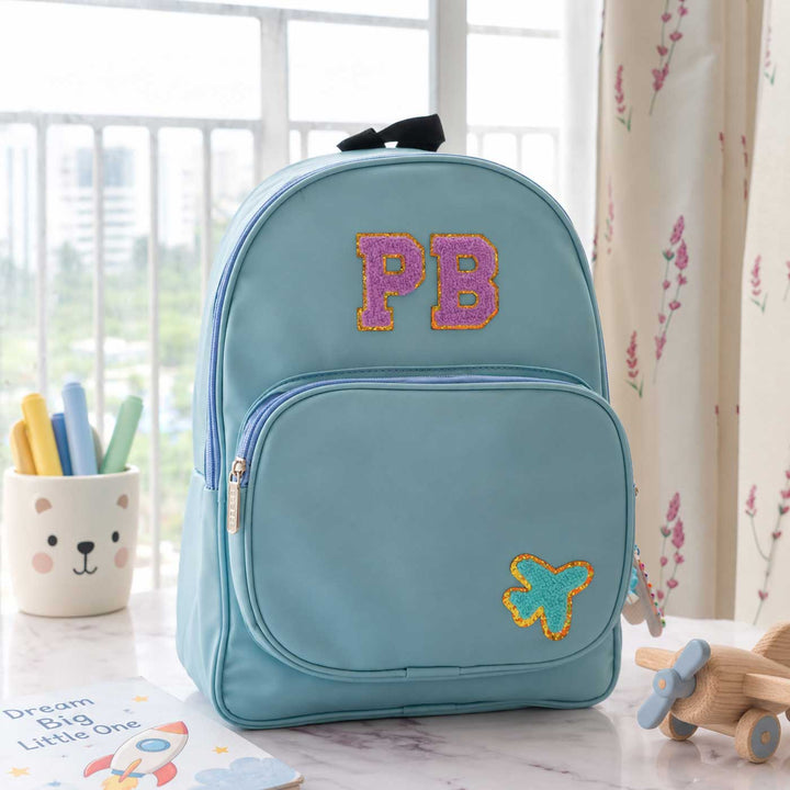 Personalized Blue Faux Leather Backpack With Initial & Charm For Kids