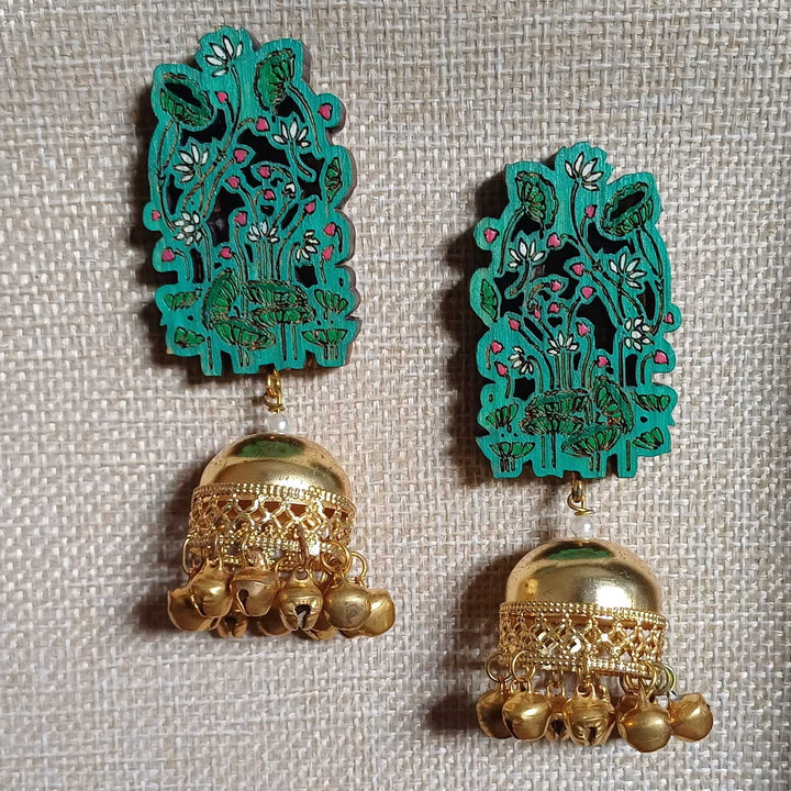 Handmade Green Flower Jhumka Wooden Earrings