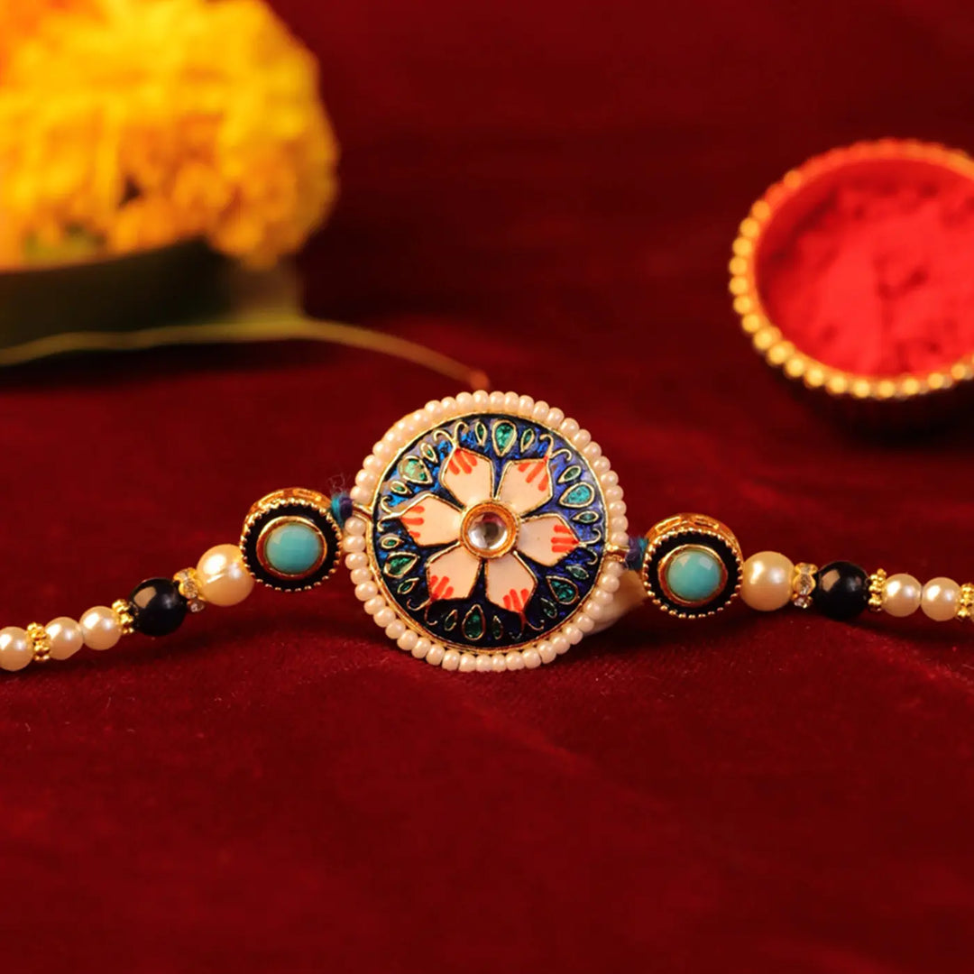Handmade Inlay Lotus Meenakari Rakhi With Roli Chawal