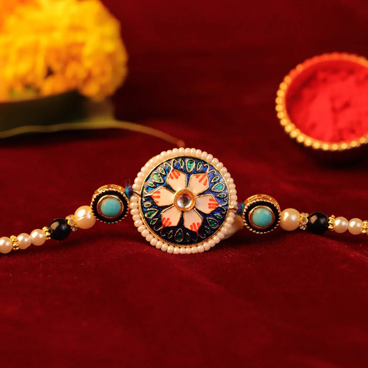 Handmade Inlay Lotus Meenakari Rakhi With Roli Chawal