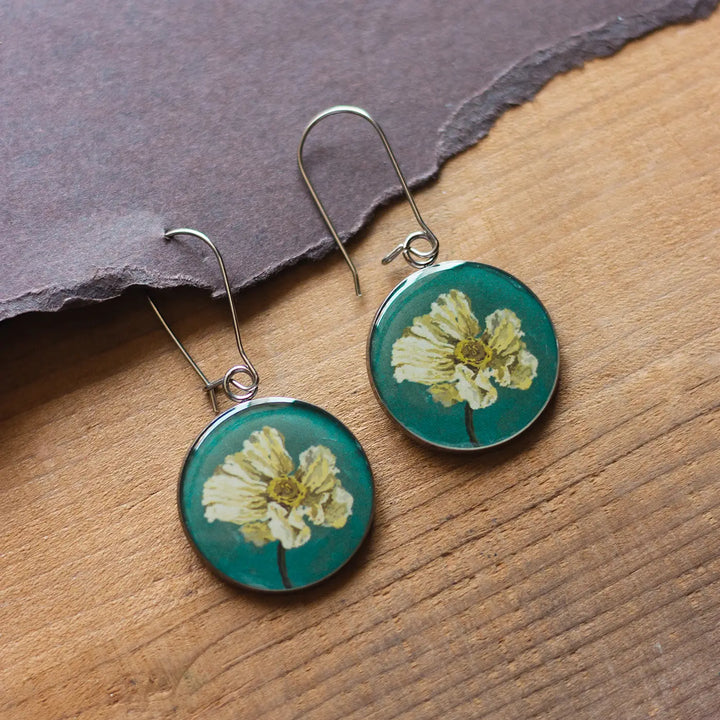 Illustrated White Poppy Flower Design Resin & Stainless Steel Earrings