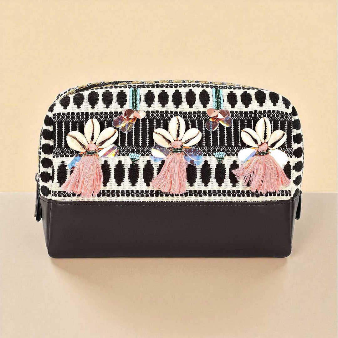 Handmade Embroidered Black And White Jacquard Pouch
