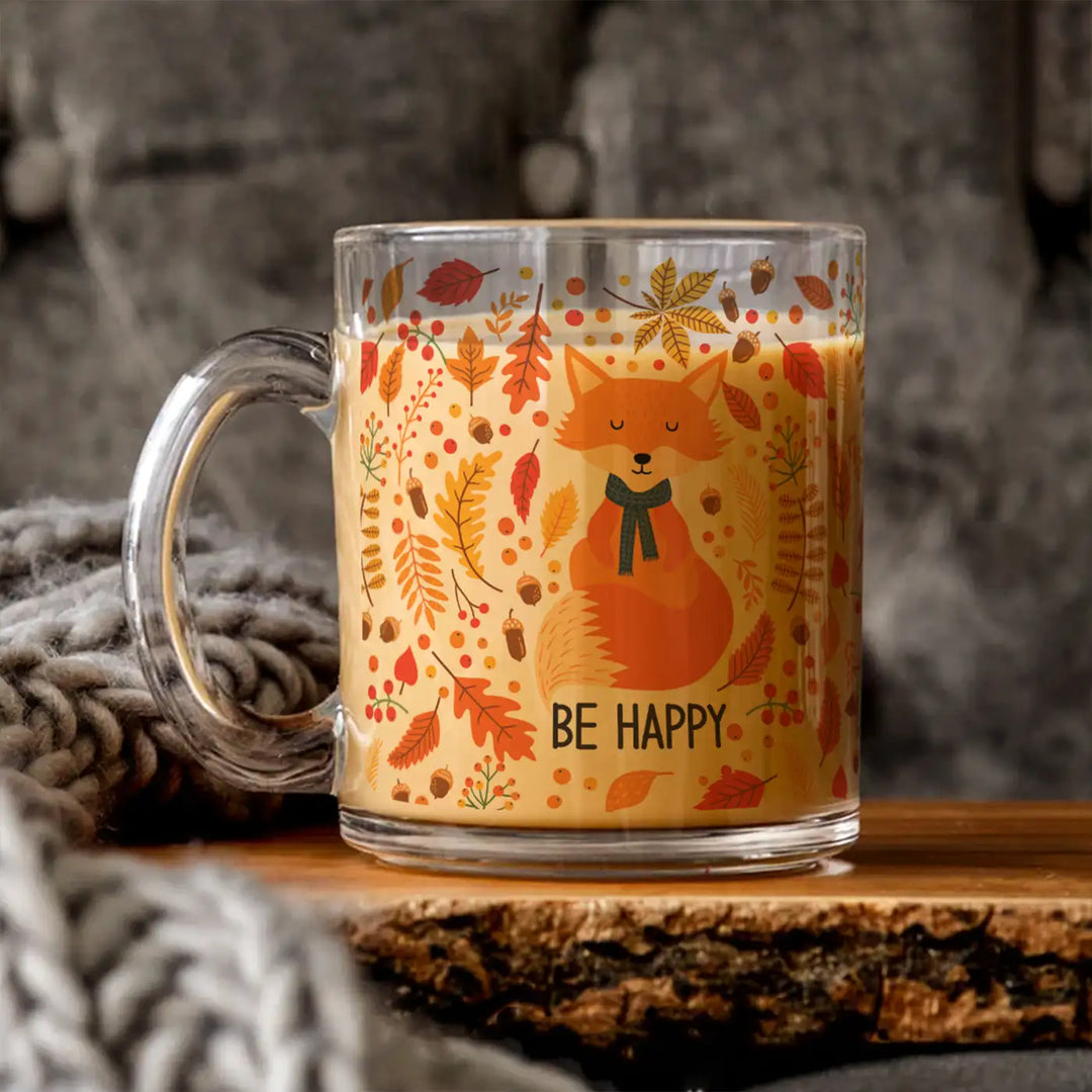 Printed "Be Happy" Theme Glass Mug | 325 ML