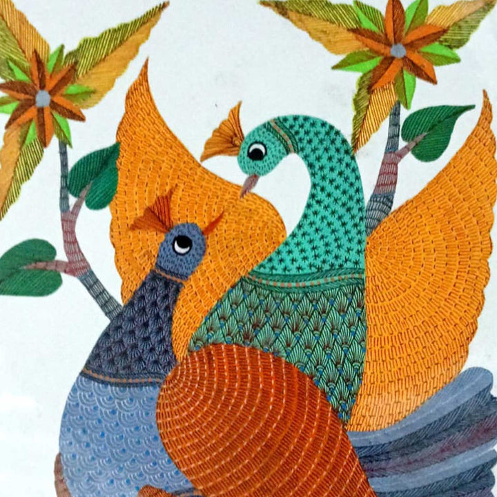 11 x 15 Inch | Peacock Couple | Original Hand painted Tribal Gond Art Painting | Acrylic Paints On Paper