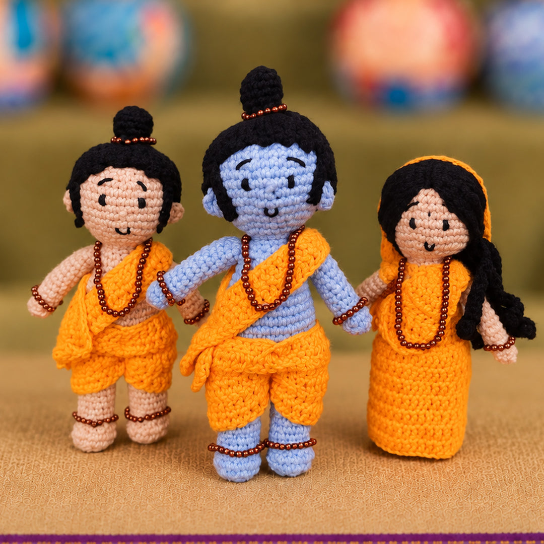 Set of 3 | Handmade Ramayana Ram, Sita & Laxman Crochet Cotton Golu Dolls For Gifting & Decor