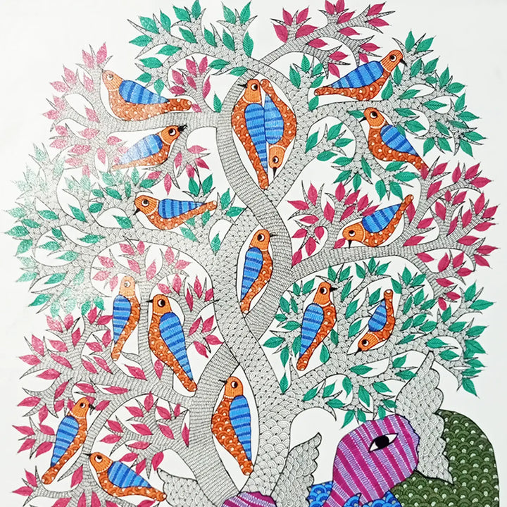 24 x 36 Inch | Elephant & Bird | Original Hand Painted Tribal Gond Art Painting | Acrylic Paint On Canvas