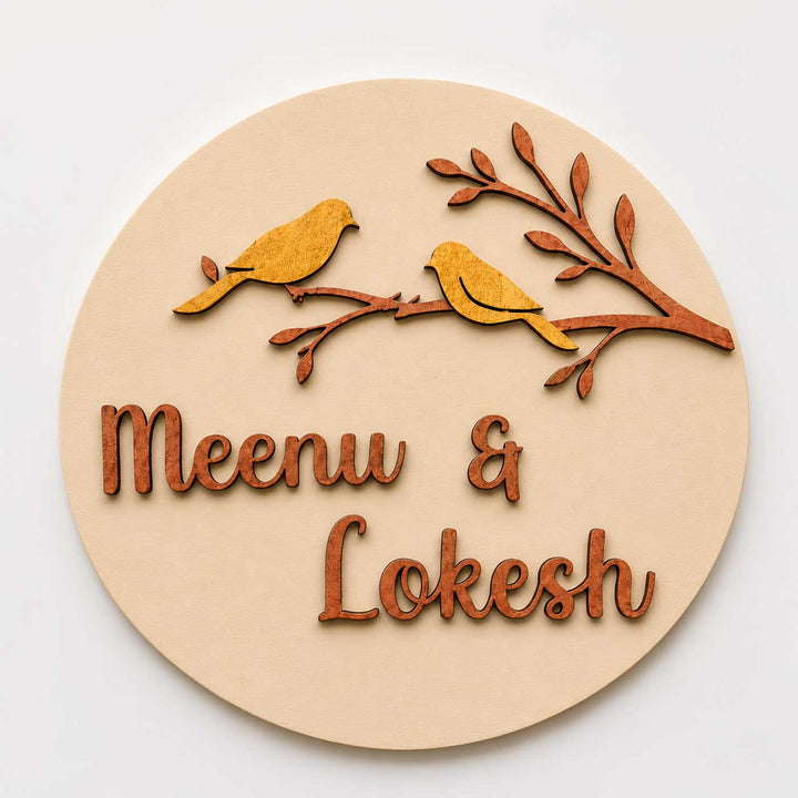 "Bird on Branch" Personalized Round Wooden Name Plate For Home