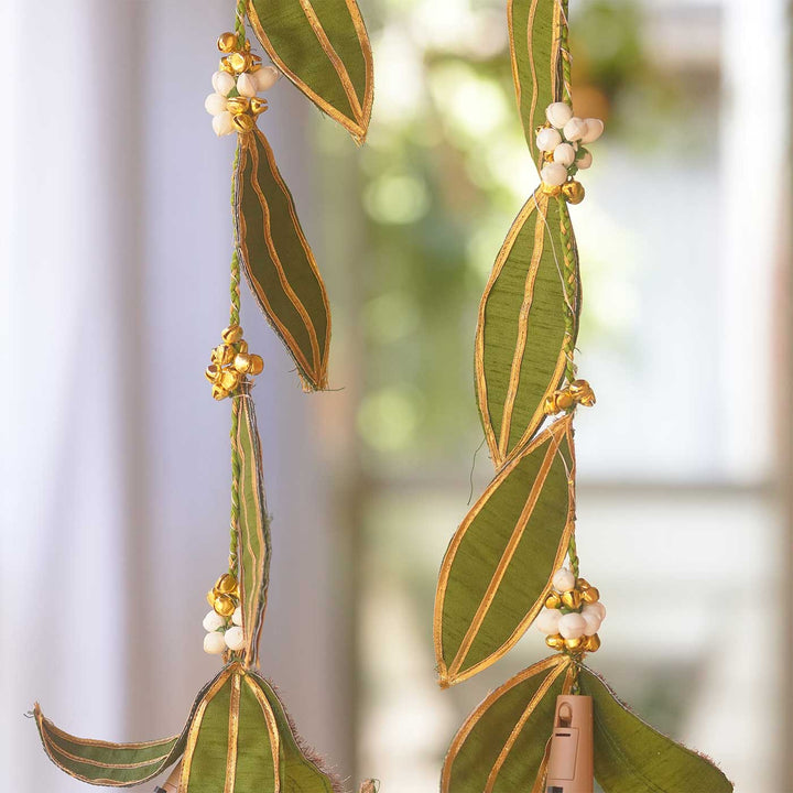 Handmade Mango Leaf Aam Patta Silk Wall Hanging String With LED Lights, Ghungroo Bells & Lace