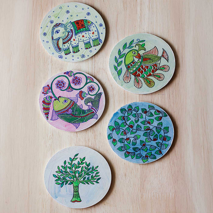 Set Of 5 | Madhubani Inspired Hand-Painted MDF Wood Round Coasters For Coffee Table & Home Hosting