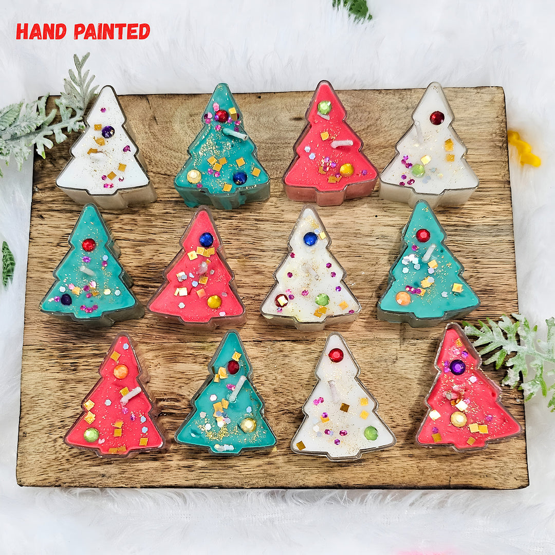 12 pc | Handmade Multicolor Christmas Tree Theme Candles