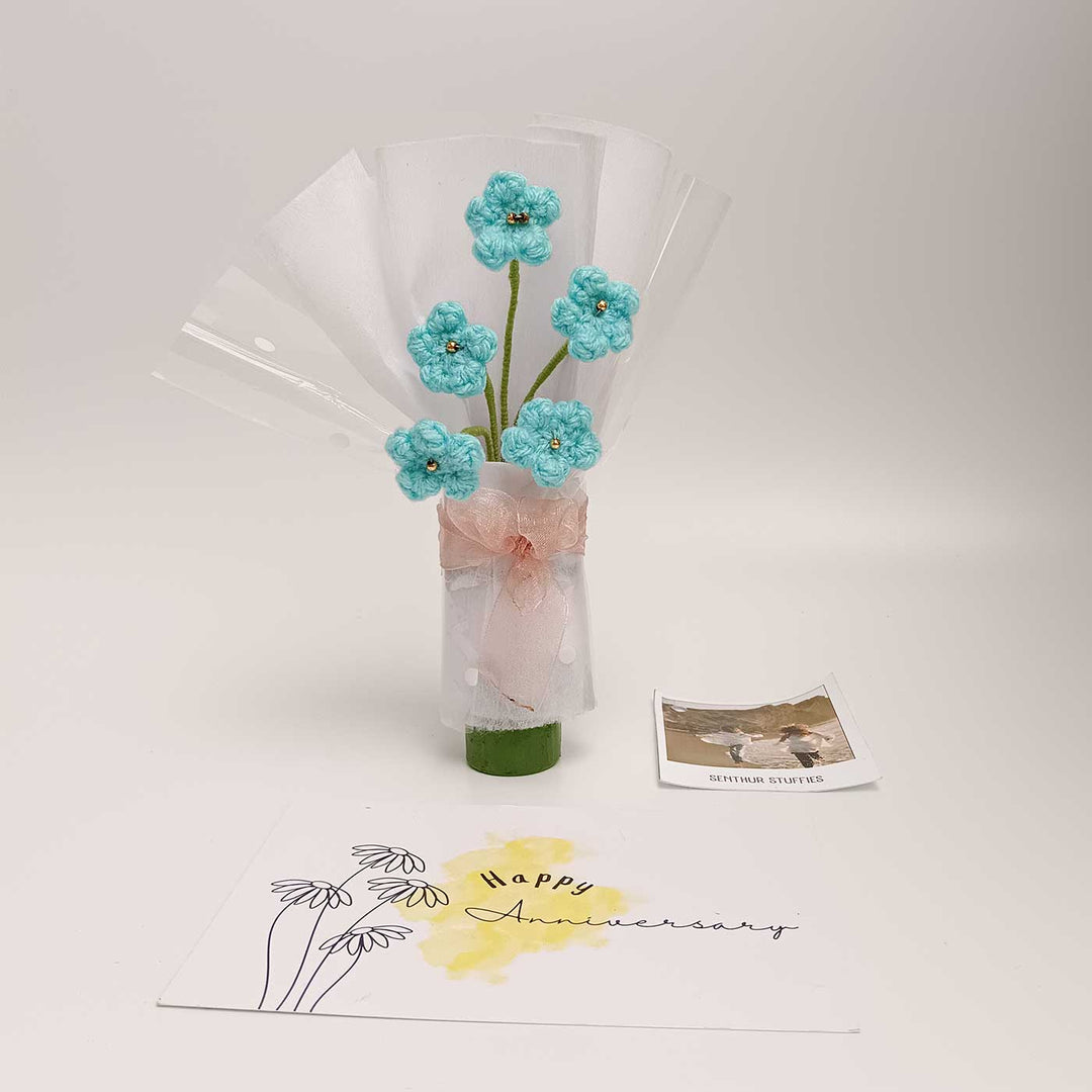Handmade Crochet Blue Blossom Mini Flower Bouquet | Includes Photo & Greeting Card