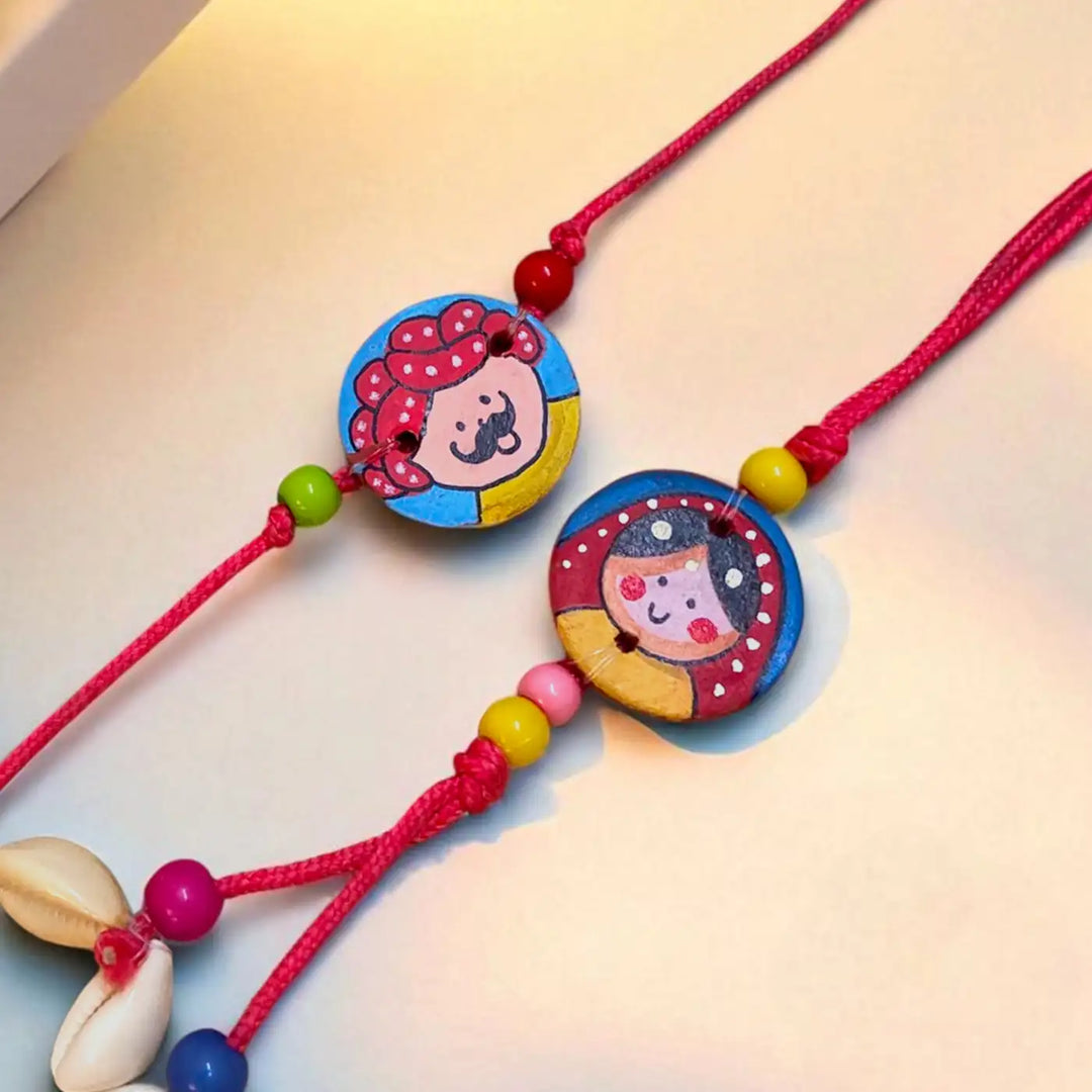 Hand-Painted Raja Rani Terracotta Bhaiya Bhabhi Rakhi | Set Of 2