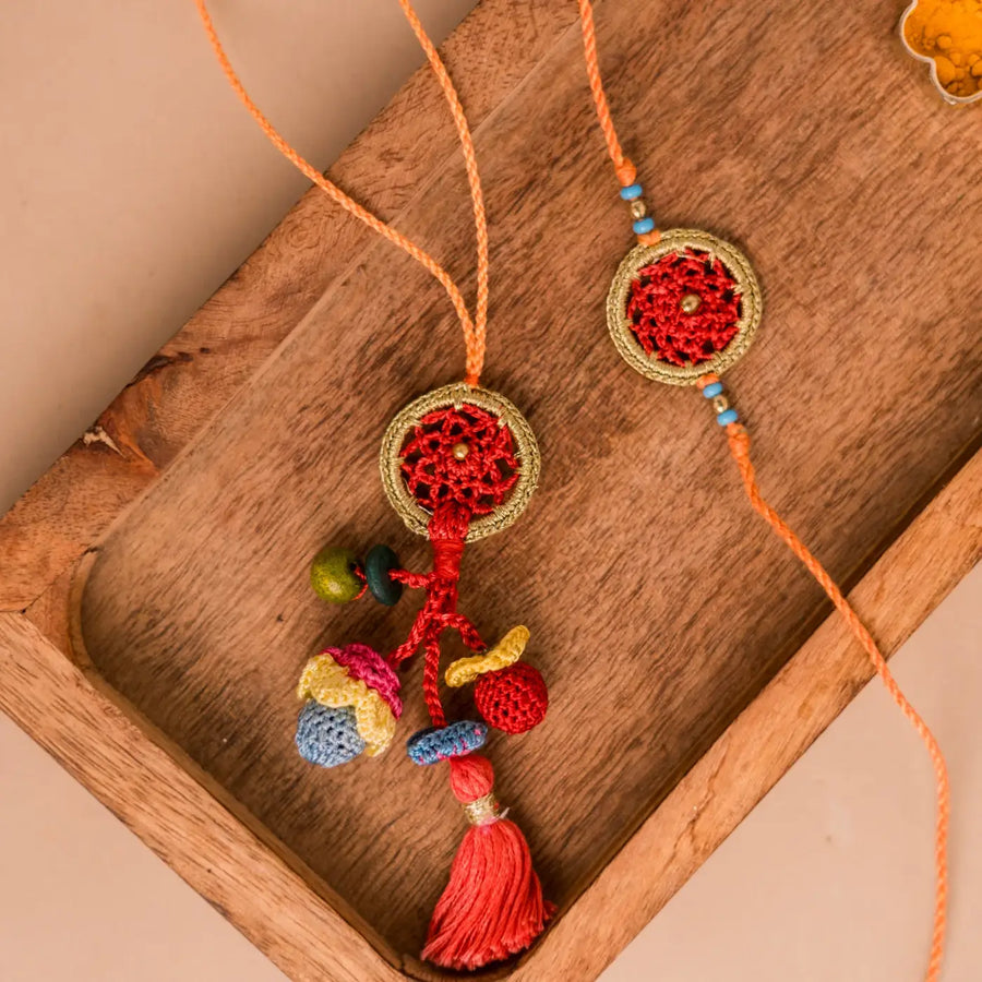 Handmade Crochet Dreamcatcher Bhaiya Bhabhi Rakhi With Roli Chawal Set Of 2 - Top View Close-up