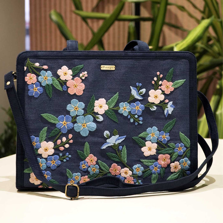 Personalized Hand Embroidered Blue Floral Tote Bag