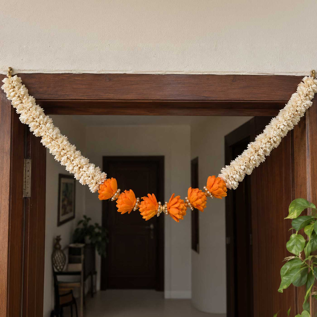 Handmade Marigold Champai Orange & Ivory Sola Wood Flower Toran with Pearl Beads