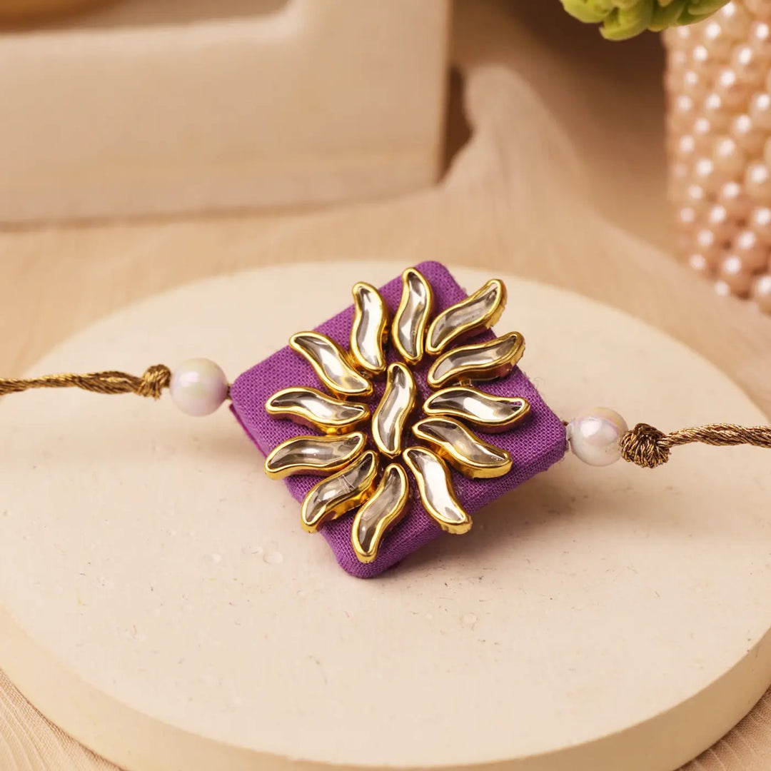 Handmade Lavender Curved Motif Kundan Rakhi With Roli Chawal