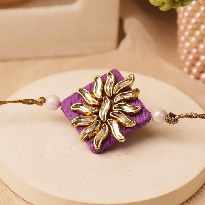 Handmade Lavender Curved Motif Kundan Rakhi With Roli Chawal