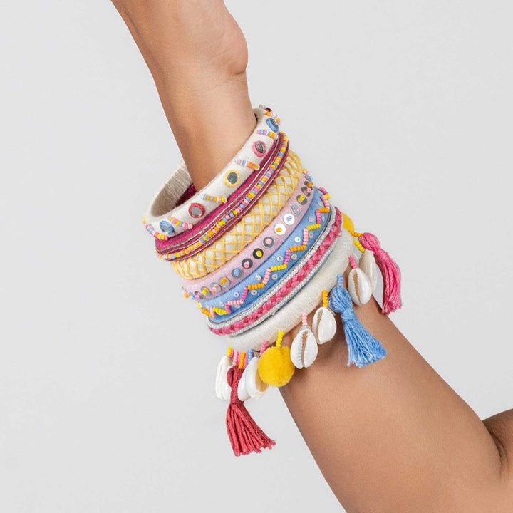 Pastel Handcrafted Navya Beaded Tassel Hanging with Shell Bangles | Set of 7