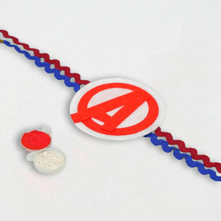 Photo Personalized Superman And Avengers Theme Felt Rakhi Hamper With Roli Chawal Includes 1 Magnetic Photo Frame 1 Rakhi - Top View of Decorative Ribbon and Packets
