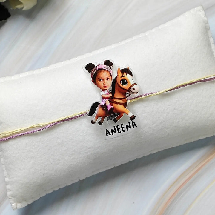 Photo Personalized Reusable Caricature Horse Riding Theme Acrylic Kids Rakhi