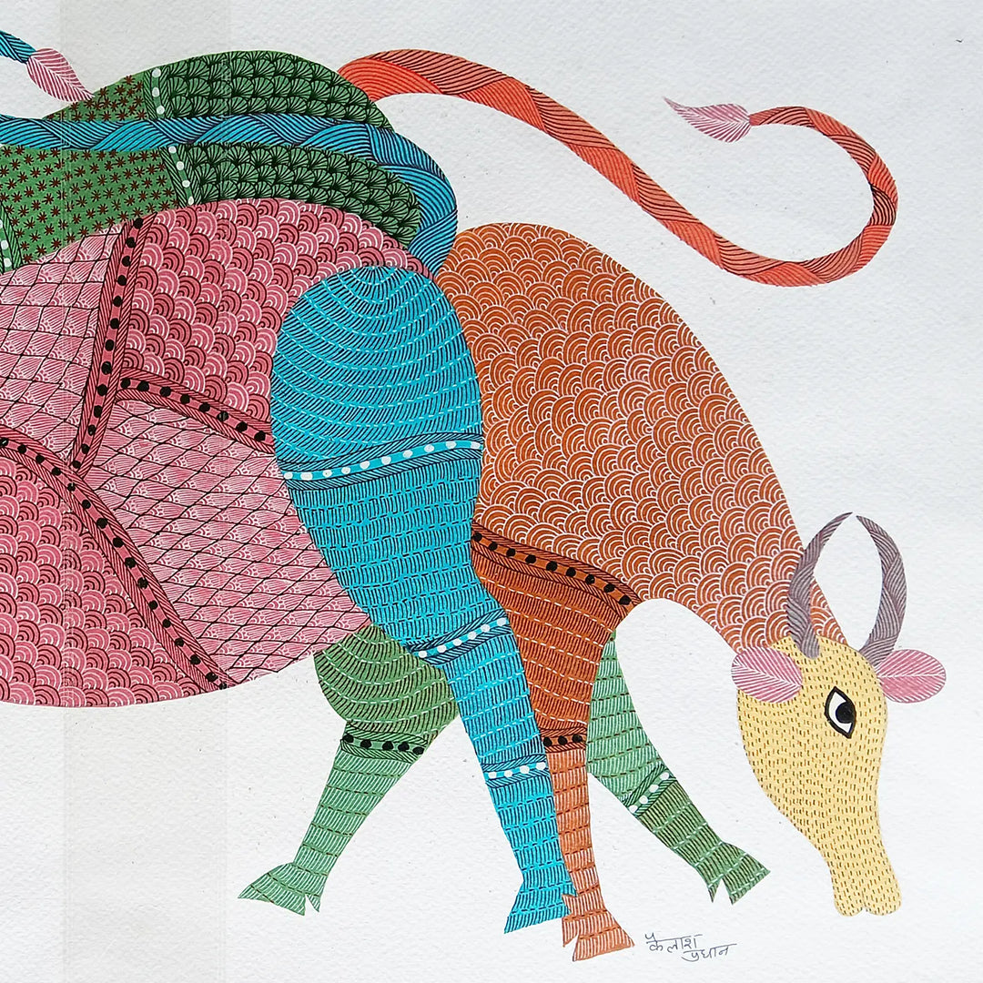 15 x 22 Inch | Group of Cows | Original Hand Painted Tribal Gond Art Painting | Acrylic Paints On Paper