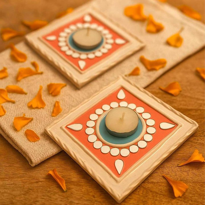 Handmade Mirror Work Gulabi Lippan Clay Tealight Holder With Tealights | Set Of 2