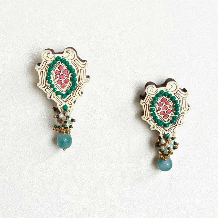 Handmade Green Turtoise Design Beaded Wooden Earrings